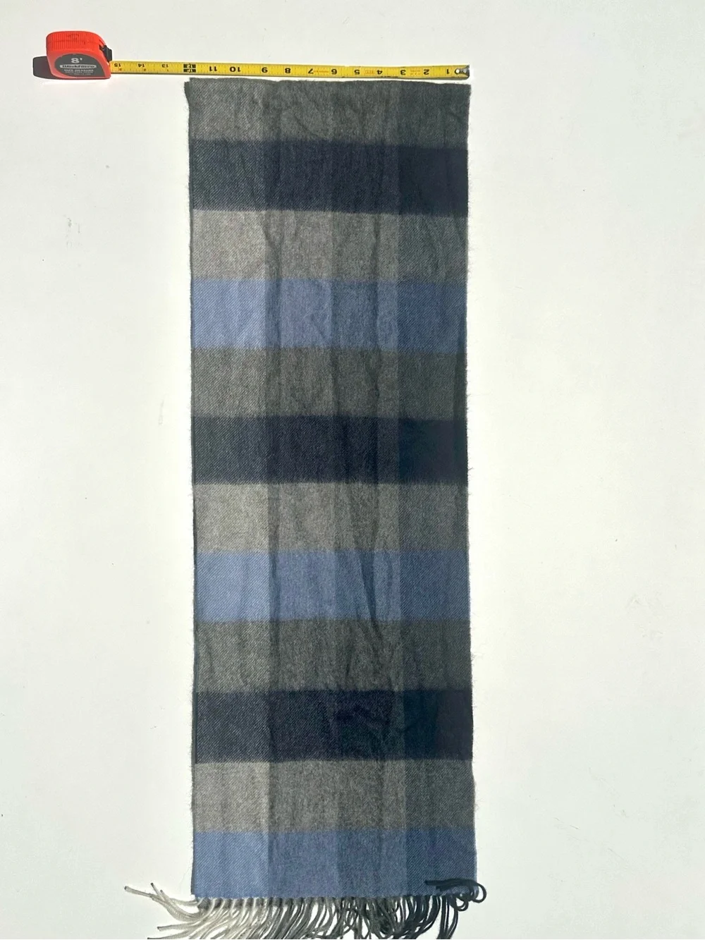 Qi Cashmere Blue & Gray Plaid Fringe Scarf, 100% Cashmere, 70”x12”